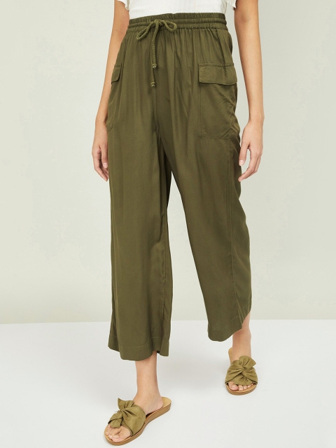 

Ginger by Lifestyle Women Olive Green Regular Fit Solid Parallel Trousers