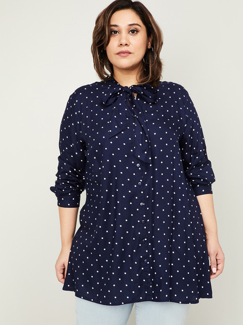 

nexus Women Navy Blue Printed Longline Shirt Style Top