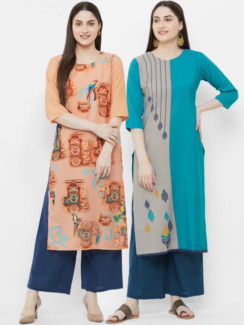 

7Threads Women Pack of 2 Multicoloured Colourblocked Straight Kurtas, Multi