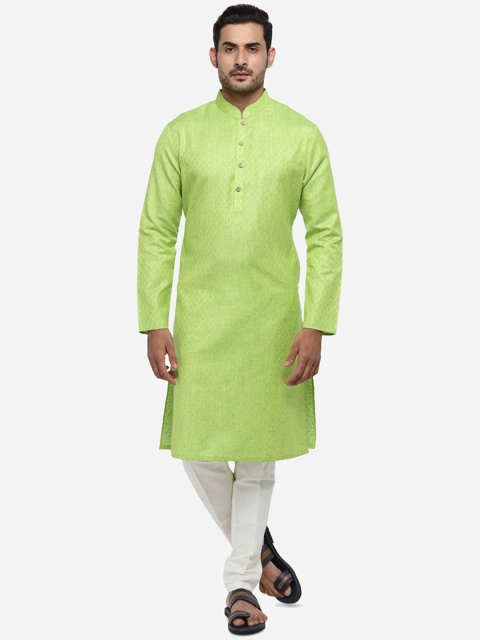 

azania Men Lime Green Woven Design Straight Kurta