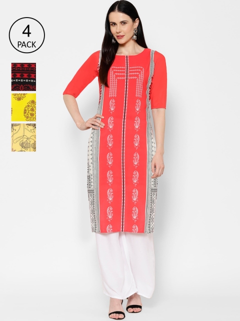 

7Threads Women Pack Of 4 Printed Straight Kurtas, Yellow