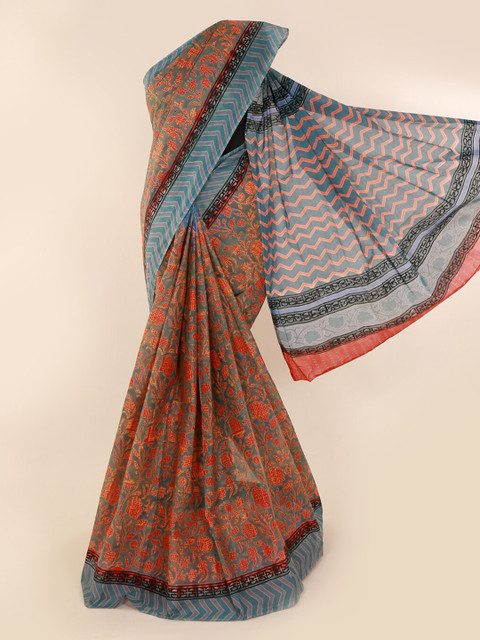 

Pothys Blue & Orange Pure Cotton Printed Saree