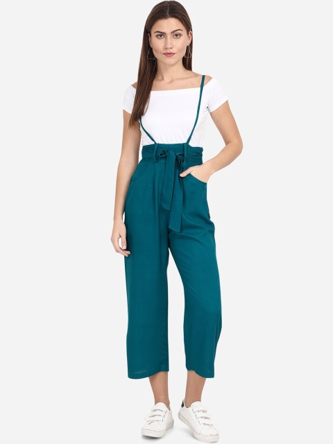 

Yuvraah Women Teal Green & White Solid T-Shirt With Dungaree