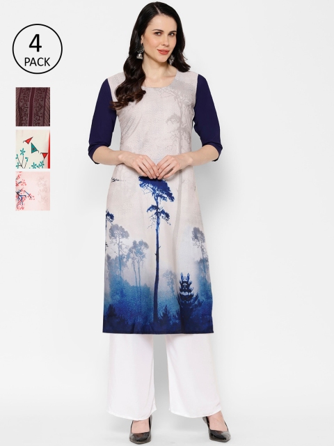 

7Threads Women Pack Of 4 Printed Straight Kurtas, Pink