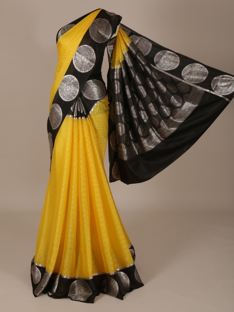 Pothys Yellow & Black Pure Silk Solid Saree
