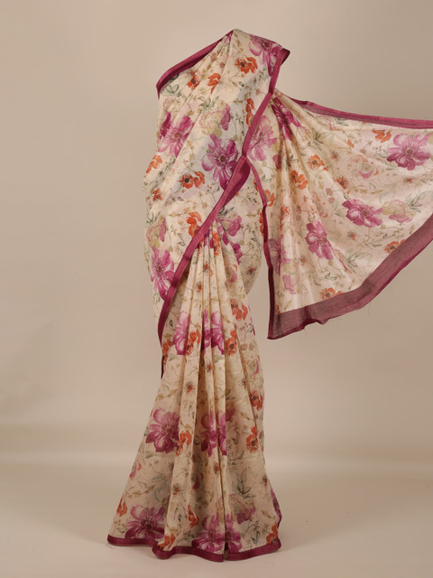 

Pothys Cream-Coloured & Pink Linen Blend Printed Saree