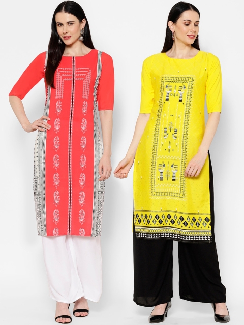 7Threads Women Set of 2 Printed Straight Kurta, Yellow