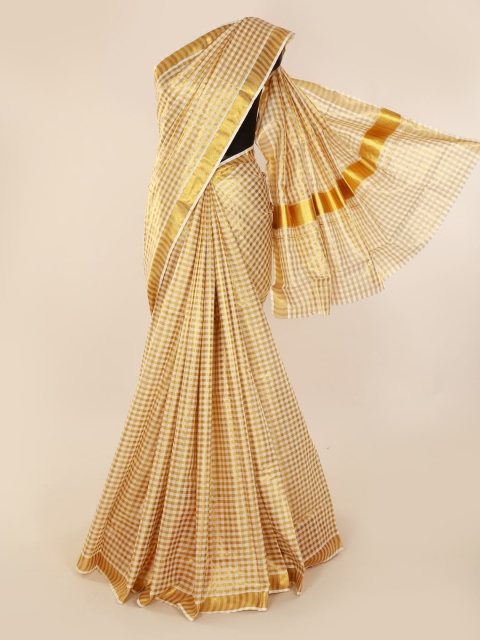 

Pothys Cream-Coloured & Gold-Toned Pure Cotton Checked Saree
