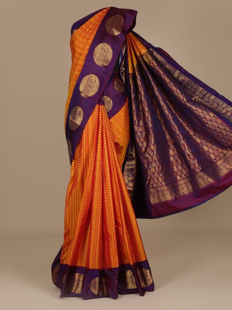 

Pothys Mustard & Purple Pure Silk Striped Saree