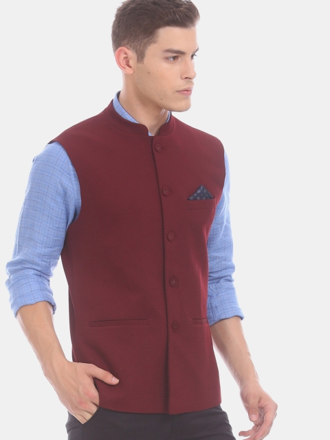 

True Blue Men Maroon Solid Woven Nehru Jacket