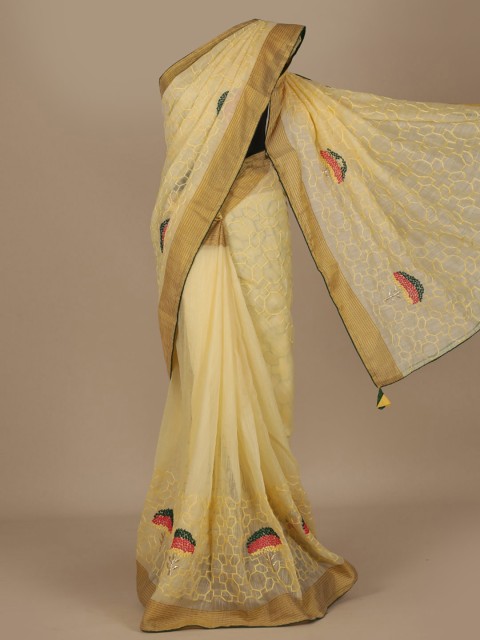 

Pothys Yellow Embroidered Linen Blend Saree