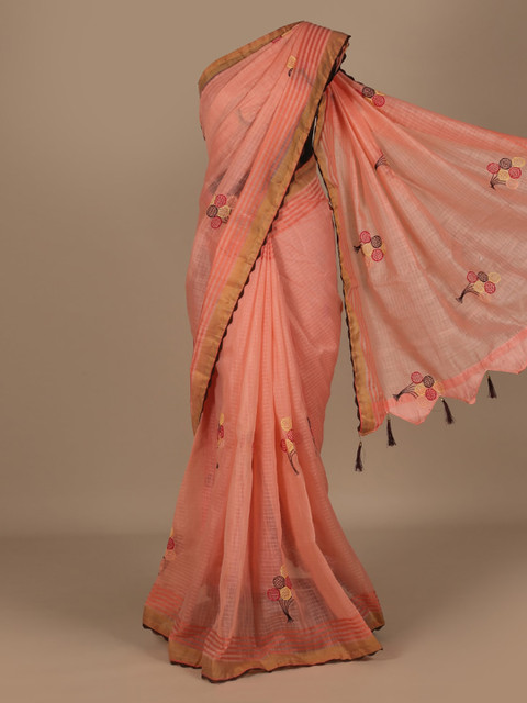 

Pothys Pink Embroidered Linen Blend Saree