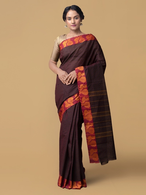 

Unnati Silks Burgundy & Orange Pure Cotton Striped Kanjeevaram Saree
