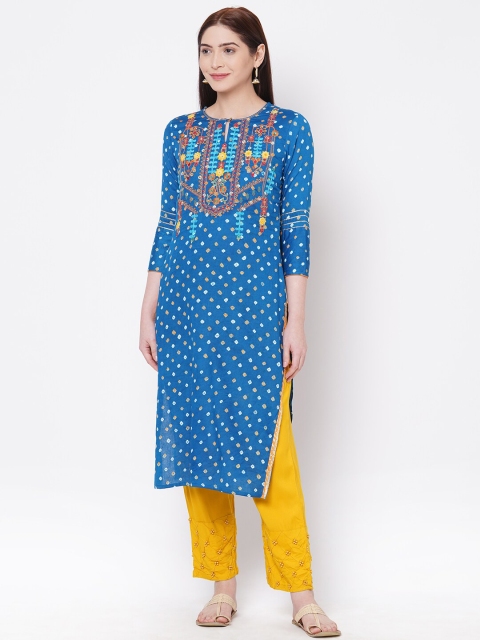 

FASHOR Women Blue Embroidered Straight Kurta