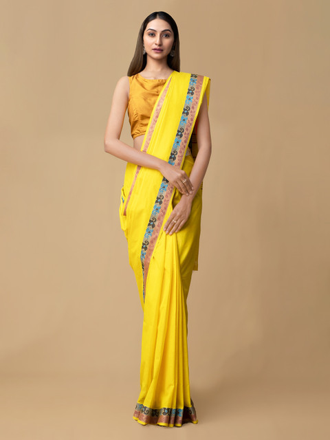 

Unnati Silks Yellow Pure Cotton Solid Kanjeevaram Saree