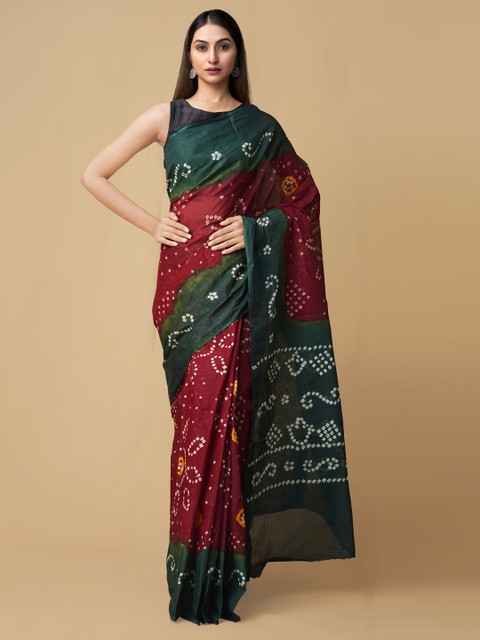 

Unnati Silks Maroon & Green Pure Cotton Printed Bandhani Saree