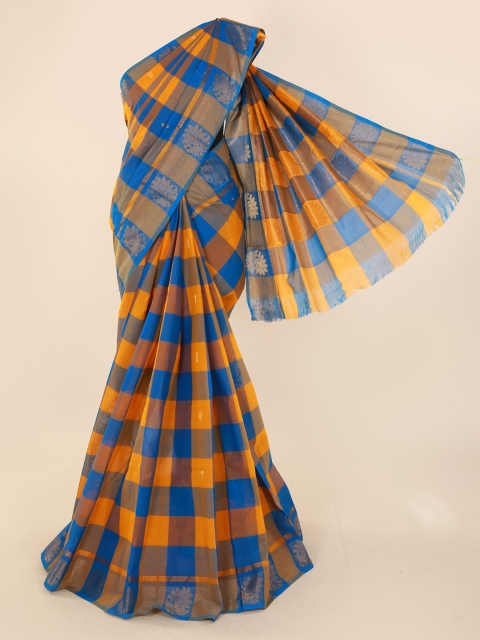 

Pothys Blue & Orange Pure Cotton Checked Saree