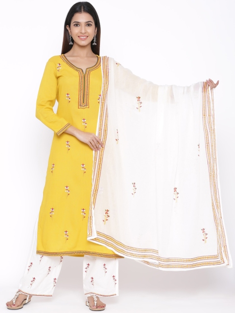 

WomenMagic Women Yellow & White Embroidered Kurta with Palazzos & Dupatta