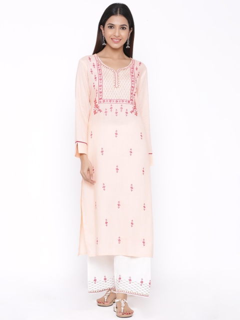 

WomenMagic Women Pink & White Embroidered Kurta with Palazzos & Dupatta