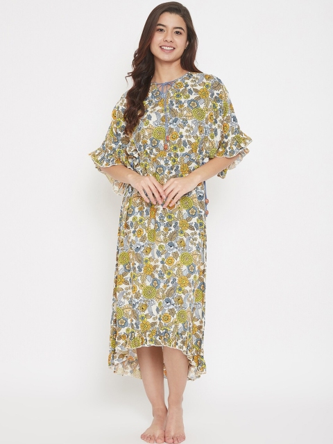

The Kaftan Company Women Yellow & Blue Floral Printed Night Dress