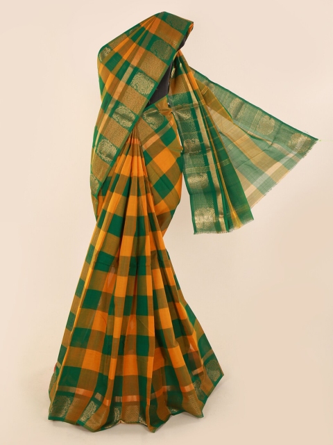 

Pothys Green & Orange Pure Cotton Checked Saree