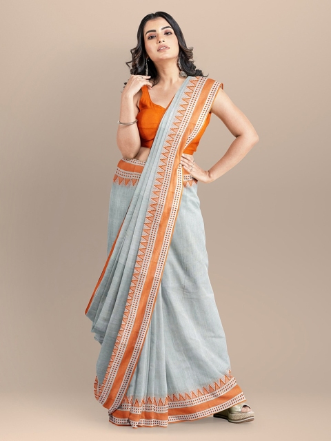 

BharatSthali Grey & Orange Pure Cotton Solid Maheshwari Saree