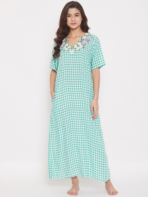 

The Kaftan Company Women Green & White Checked Maxi Nightdress