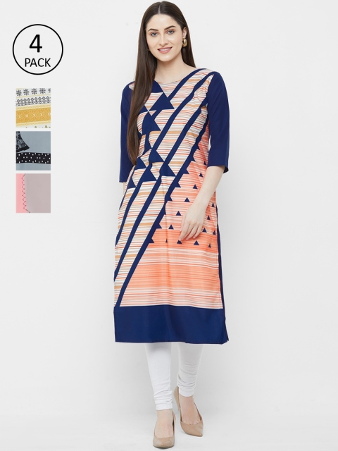 

7Threads Women Pack Of 4 Printed Straight Kurtas, Blue