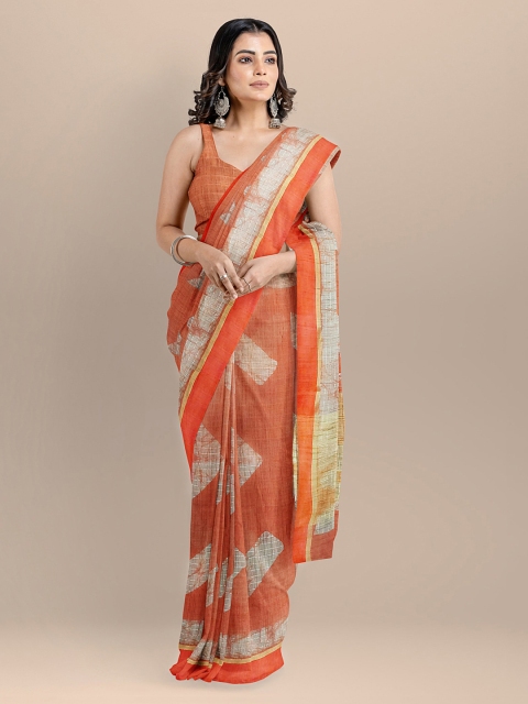 

BharatSthali Orange & Off-White Silk Cotton Printed Venkatgiri Saree