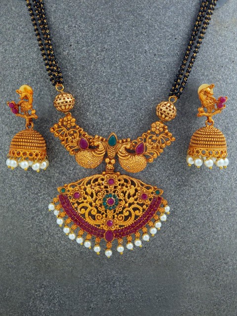 

Alankruthi Gold Multistranded Peacock Design Chain Pendant Earring set, Multi