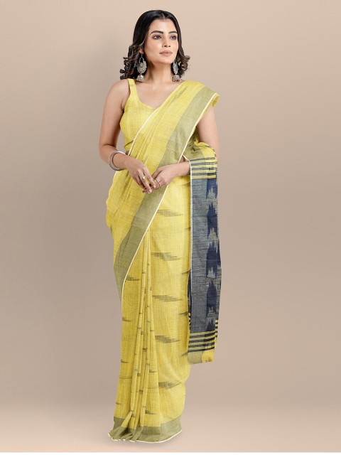 

BharatSthali Yellow & Navy Blue Pure Cotton Printed Pochampally Saree