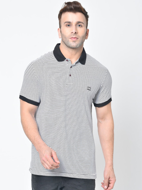 

Chkokko Men White Striped Polo Collar T-shirt