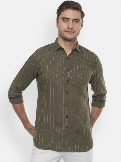 

V Dot Men Olive Green Slim Fit Striped Linen Casual Shirt