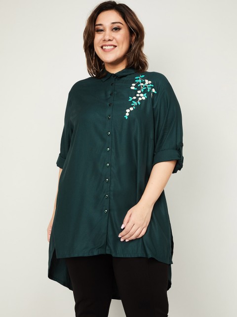 

nexus Women Green Embroidered Longline Shirt Style Top