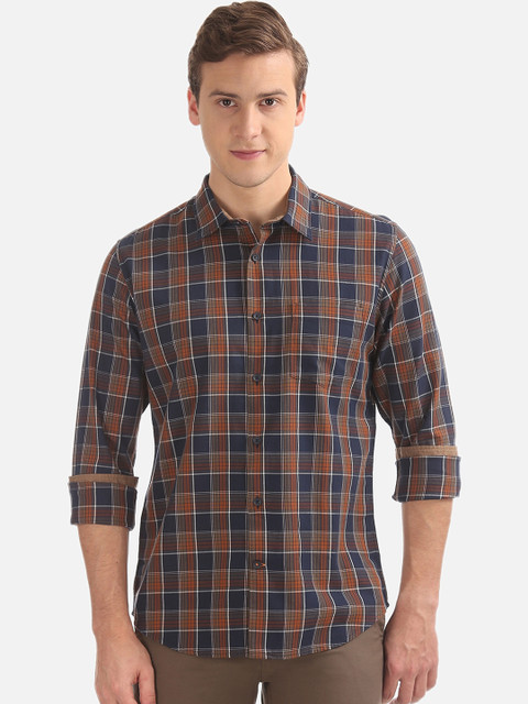 

AD By Arvind Men Brown & Blue Slim Fit Checked Casual Shirt