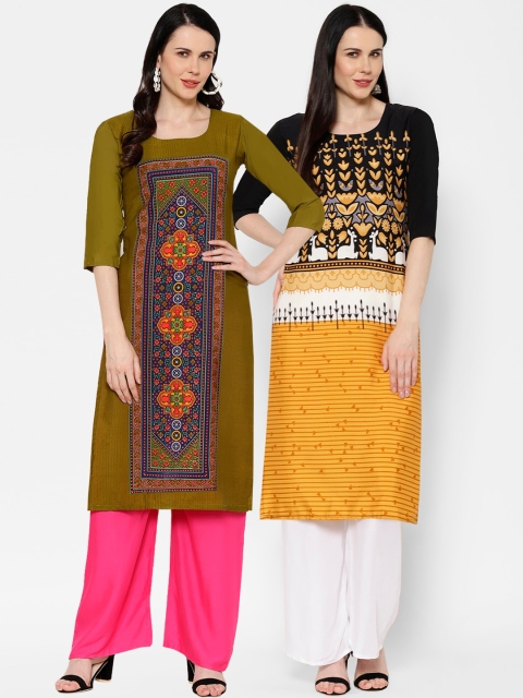 

7Threads Women Pack of 2 Printed Straight Kurtas, Olive