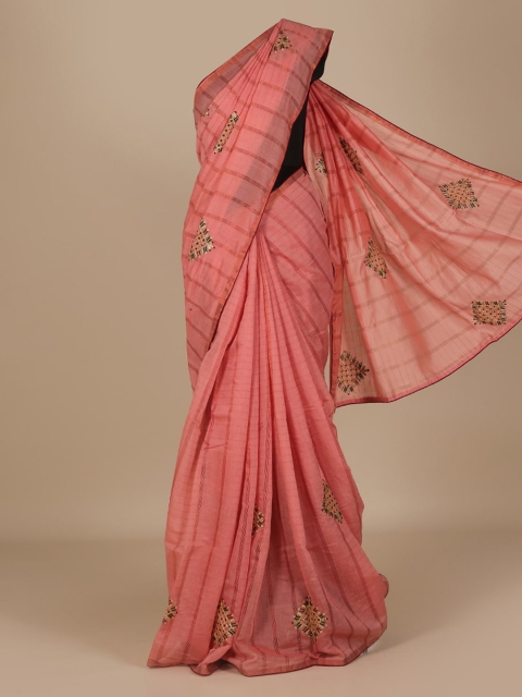 

Pothys Peach-Coloured Embroidered Linen Blend Saree