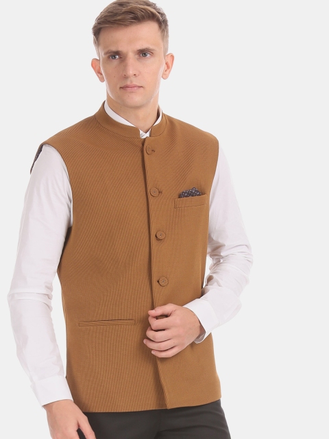 

True Blue Men Brown Textured Nehru Jacket