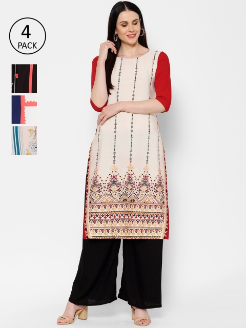 

7Threads Women Pack Of 4 Printed Straight Kurtas, Black