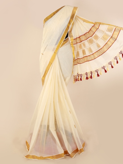 Pothys Cream-Coloured Solid Pure Cotton Saree