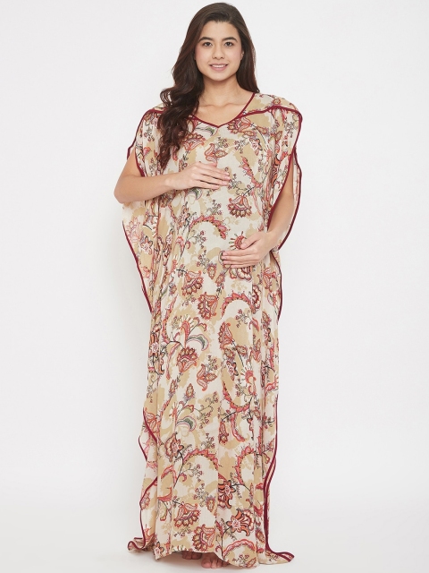 

The Kaftan Company Women Beige & Maroon Printed Maxi Maternity Nightdress