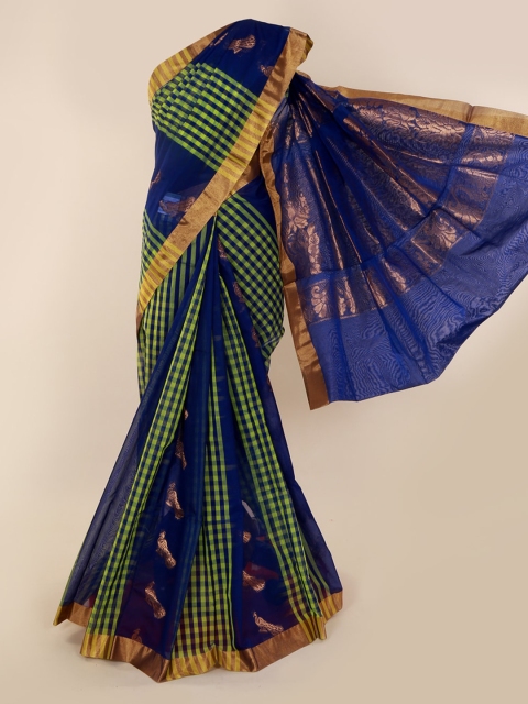 

Pothys Navy Blue & Yellow Silk Cotton Checked Saree