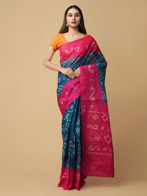 

Unnati Silks Teal & Pink Pure Cotton Printed Bandhani Handloom Saree