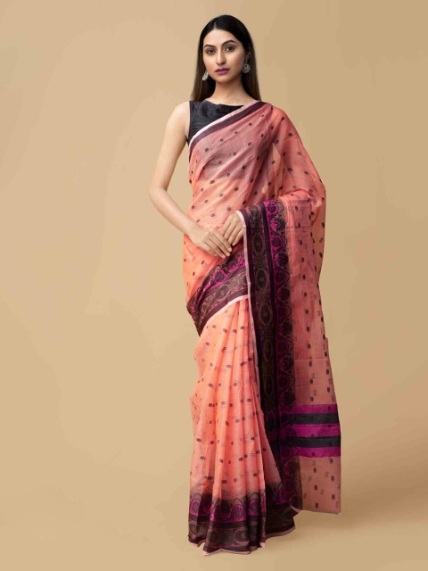 

Unnati Silks Orange & Black Pure Cotton Woven Design Kota Handloom Saree