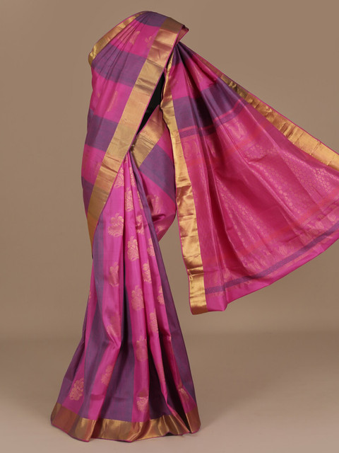 

Pothys Magenta & Purple Pure Silk Checked Saree