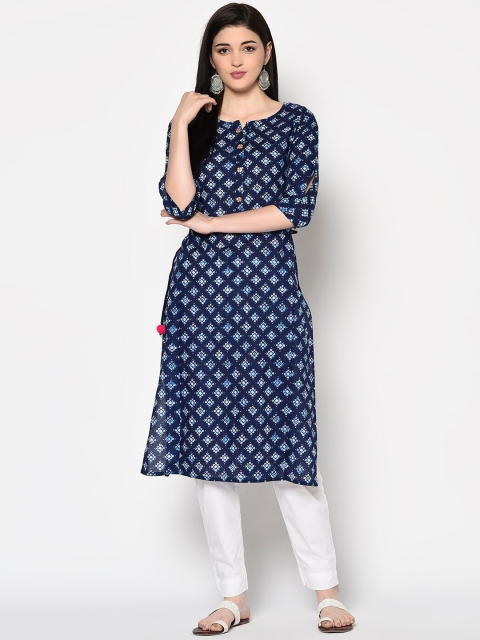 

GULMOHAR JAIPUR Women Navy Blue Printed Straight Kurta