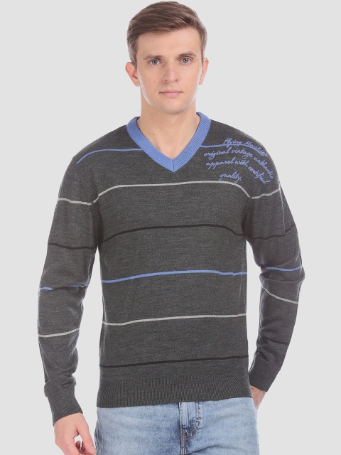 

Flying Machine Men Charcoal Grey Striped Pullover Sweater