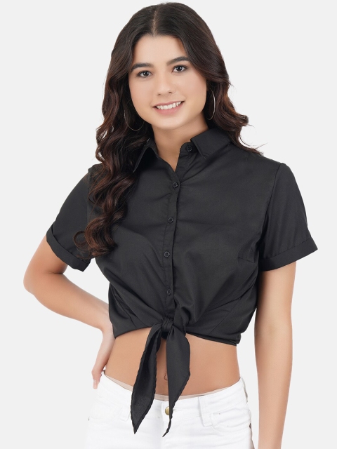 JAAIVE Women Black Solid Crop Shirt Style Top
