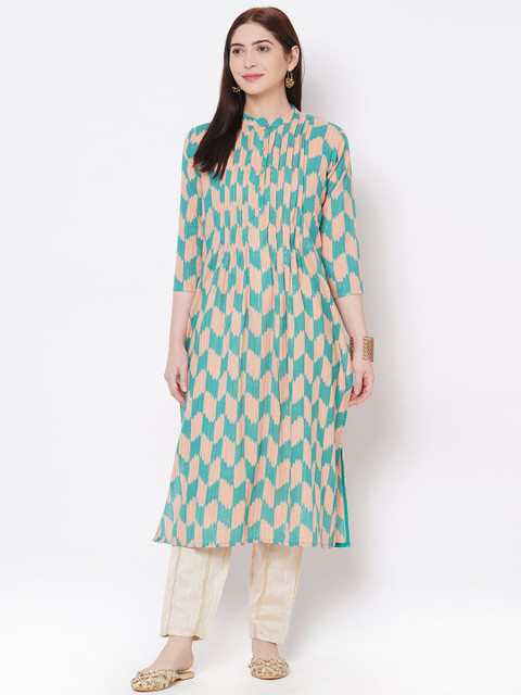 

FASHOR Women Pink & Blue Printed Straight Kurta