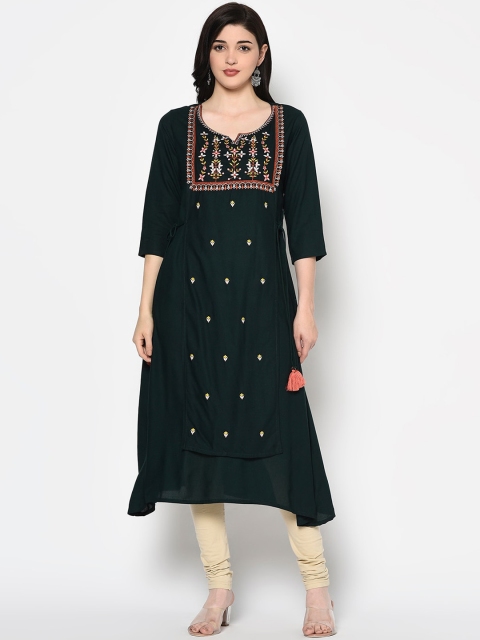 

GULMOHAR JAIPUR Women Green Yoke Design Layered A- Line Kurta
